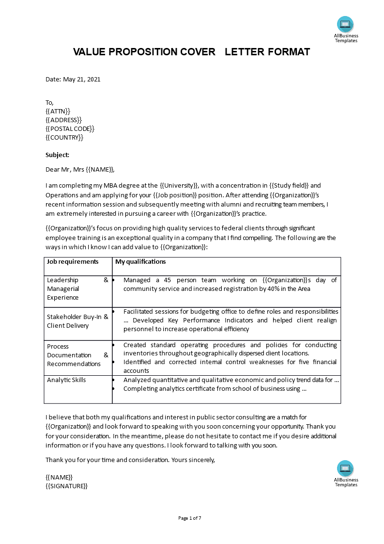 business value proposition template