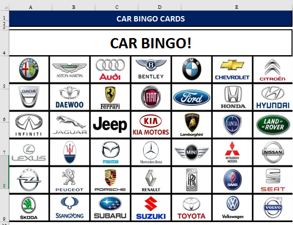 car bingo cards template