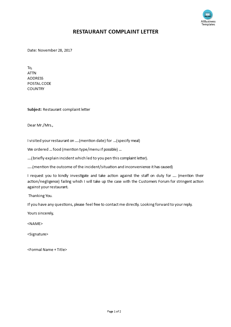 restaurant complaint letter template