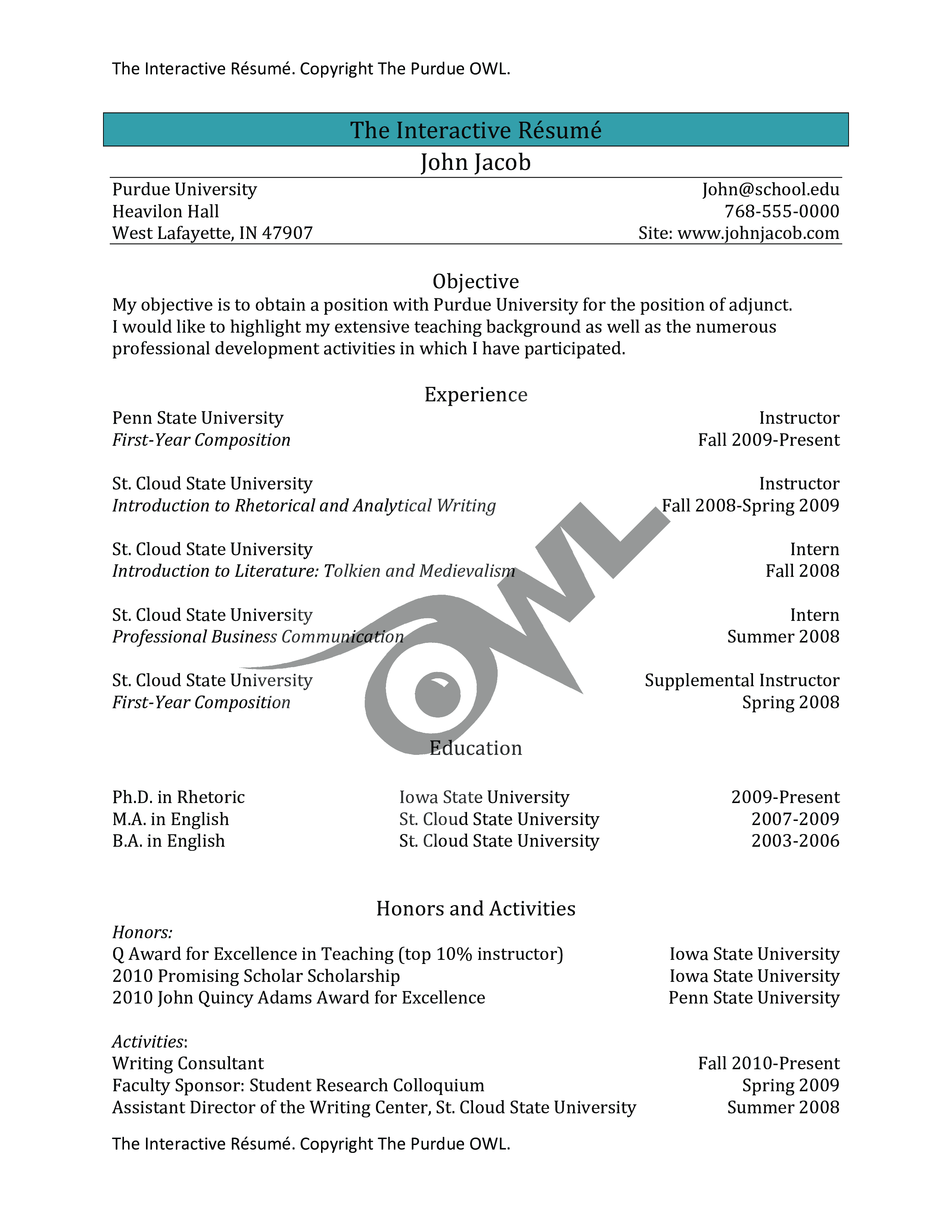 University Adjunct Interactive Resume main image