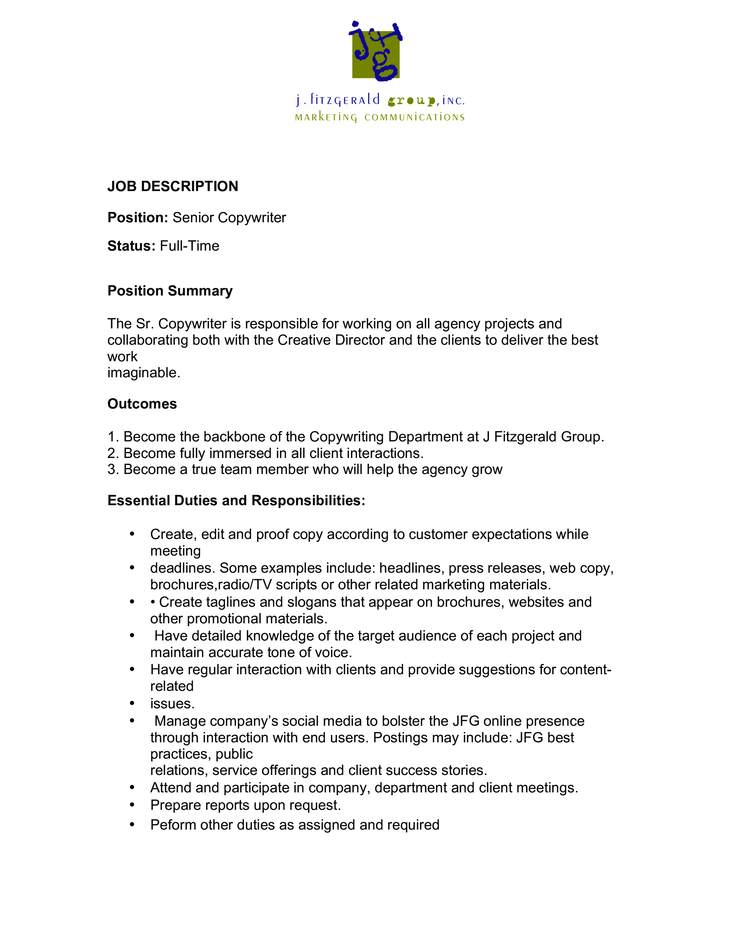 senior copywriter job description modèles