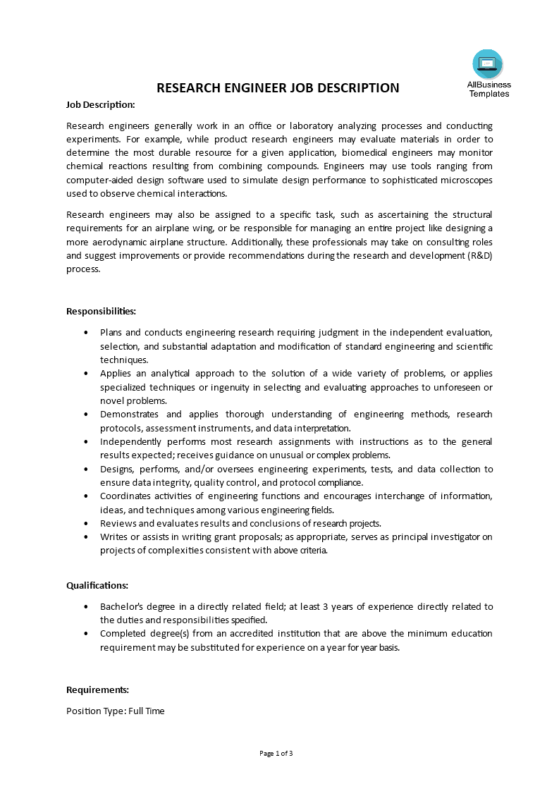 Research Engineer Job Description main image