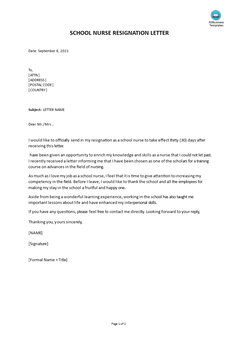 school nurse resignation letter template