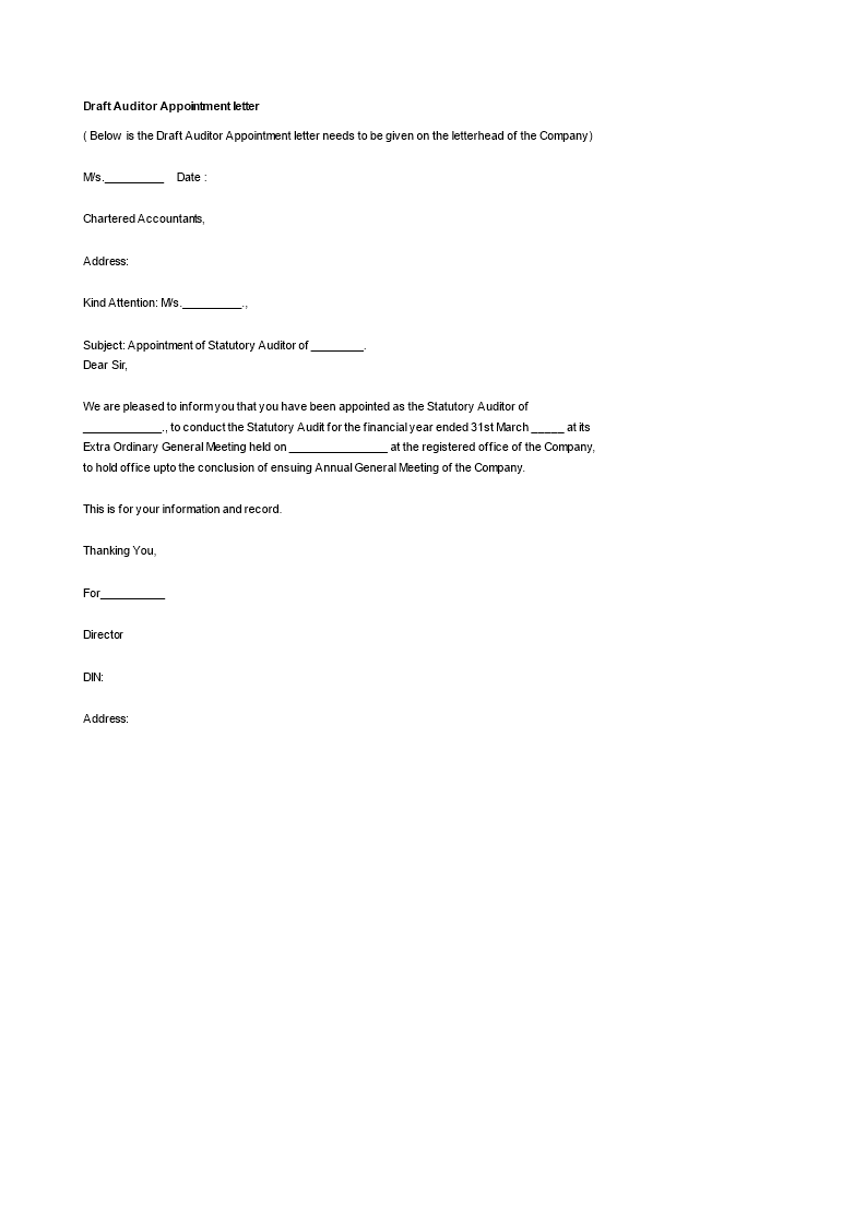draft auditor appointment letter template