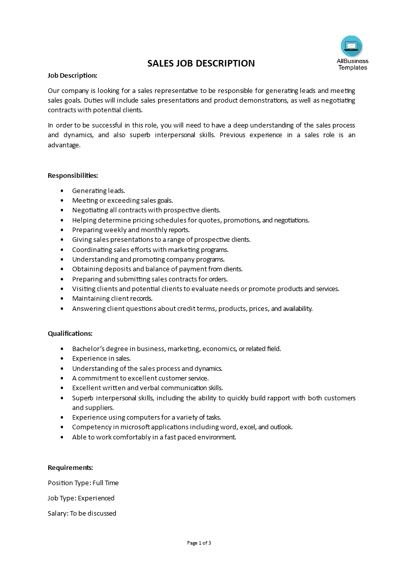 sales job description template