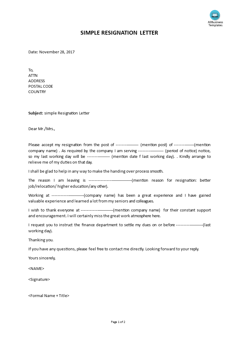 basic resignation letter template voorbeeld afbeelding 