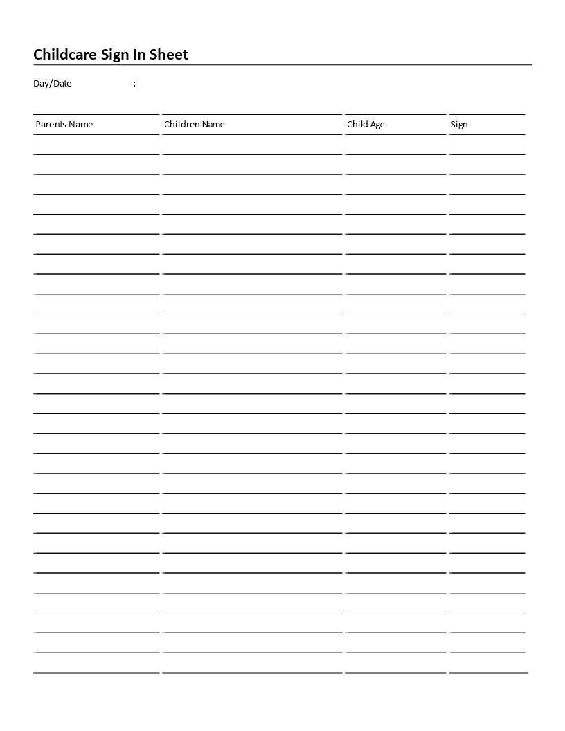 Childcare Sign In Sheet 4 columns 模板