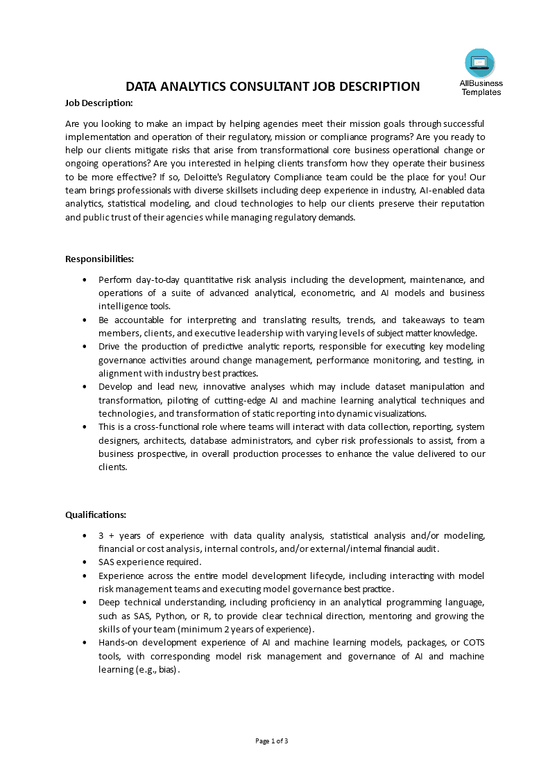 data analytics consultant job description template