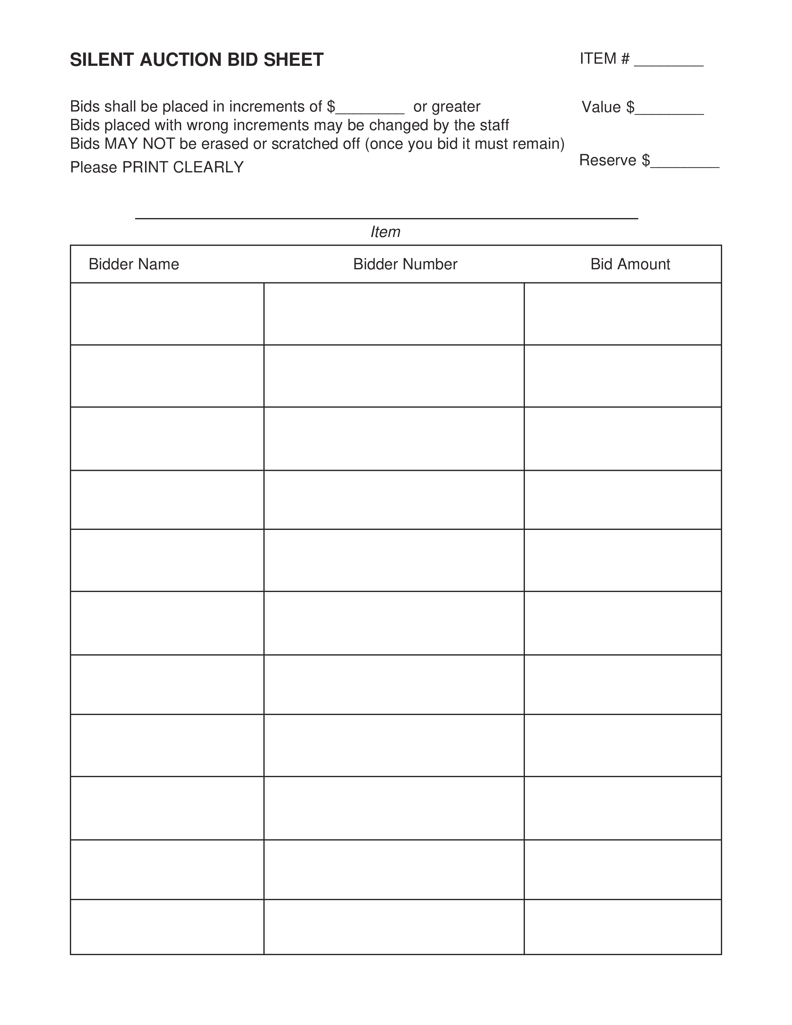 silent auction bid sheet template voorbeeld afbeelding 