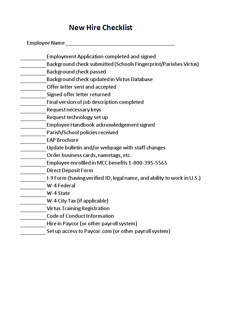 new hire checklist sample modèles