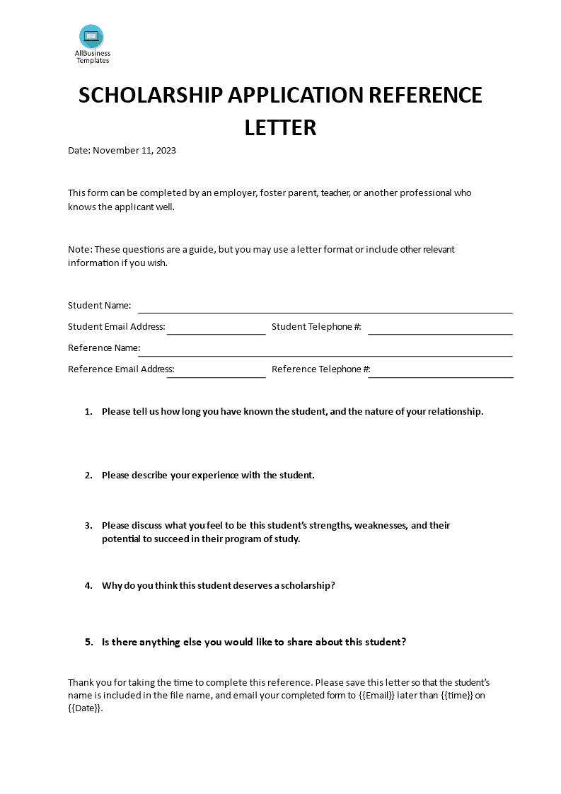 scholarship application reference letter template