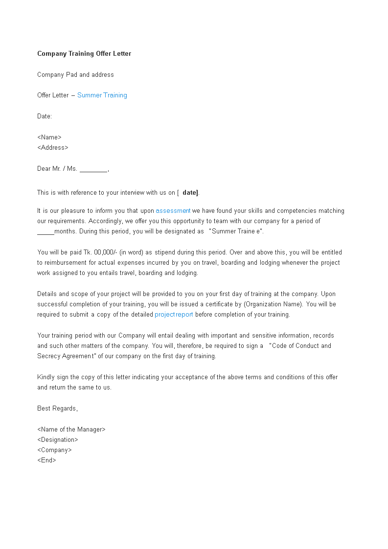 company training offer letter template
