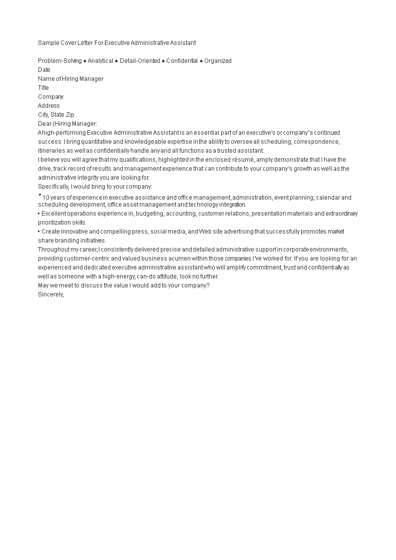 cover letter for executive administrative assistant voorbeeld afbeelding 