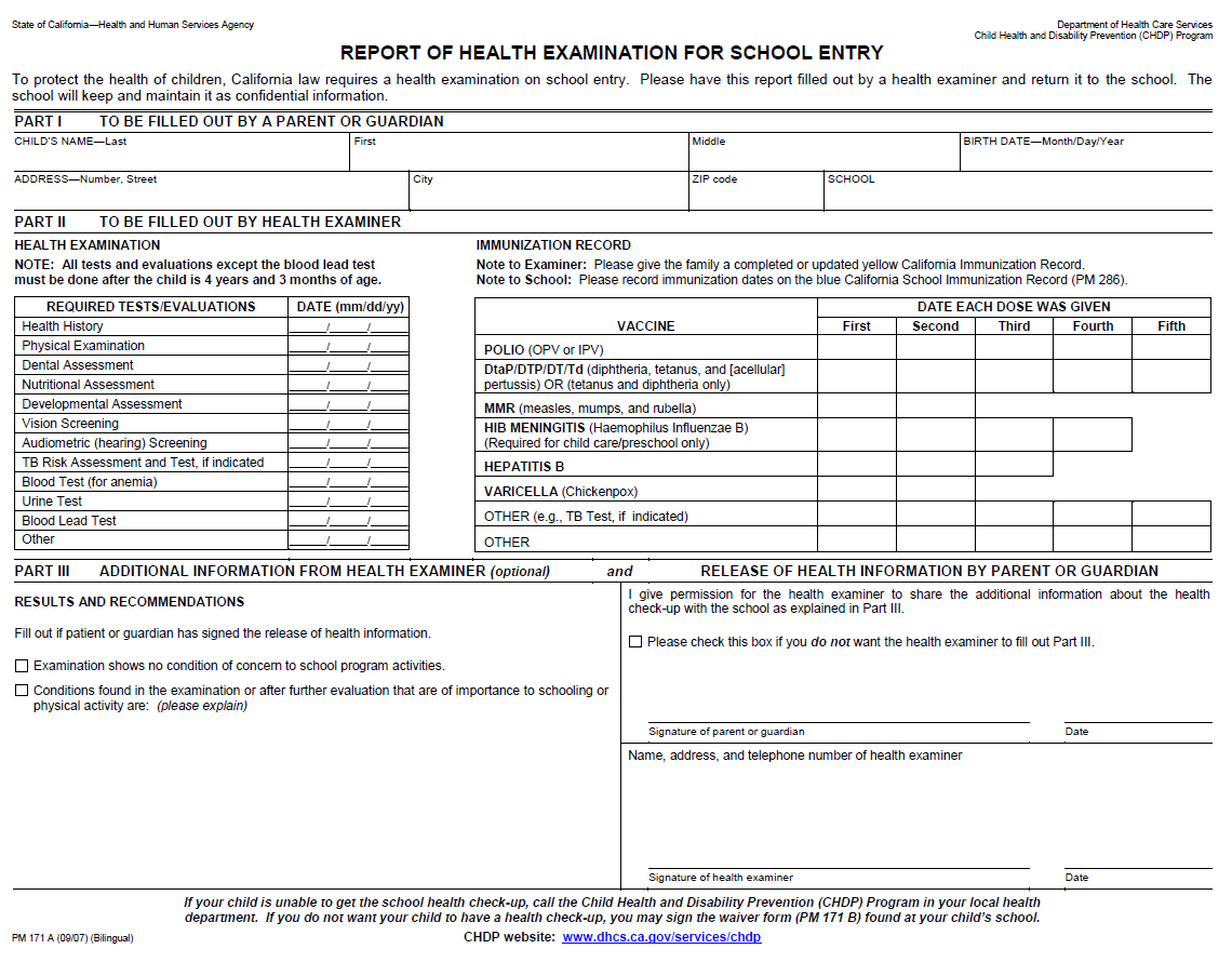 Report of Health Examination for School Entry 模板