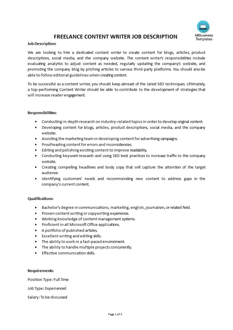 freelance content writer job description voorbeeld afbeelding 