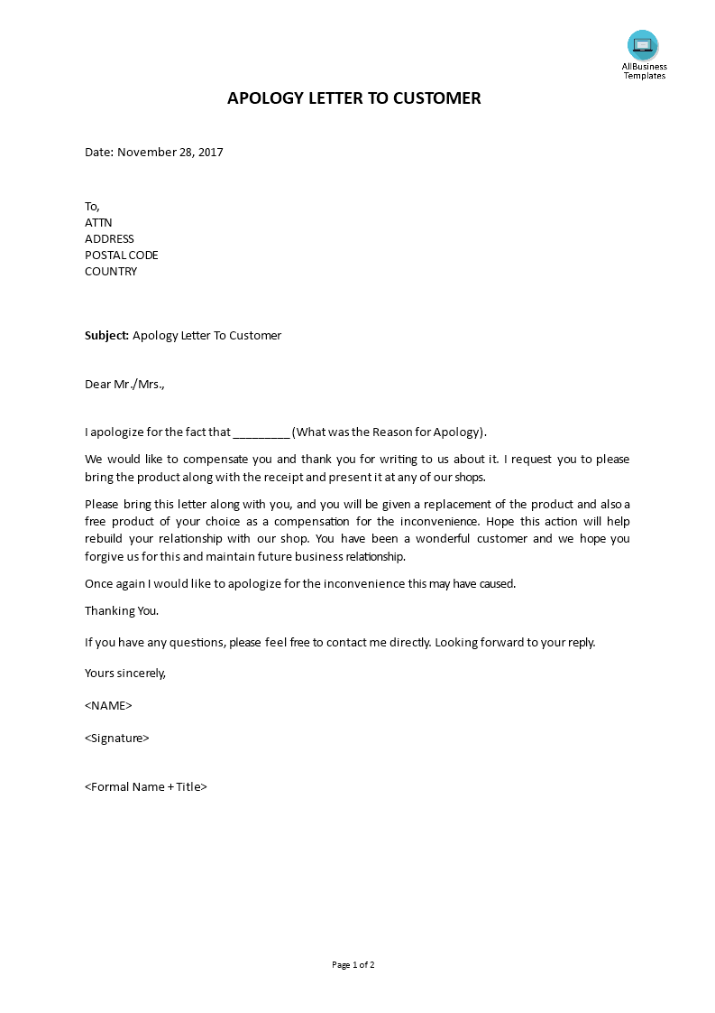 Kostenloses Apology Letter To Customer