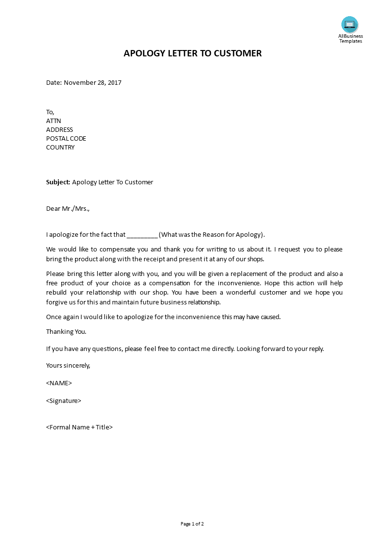 apology letter to customer template