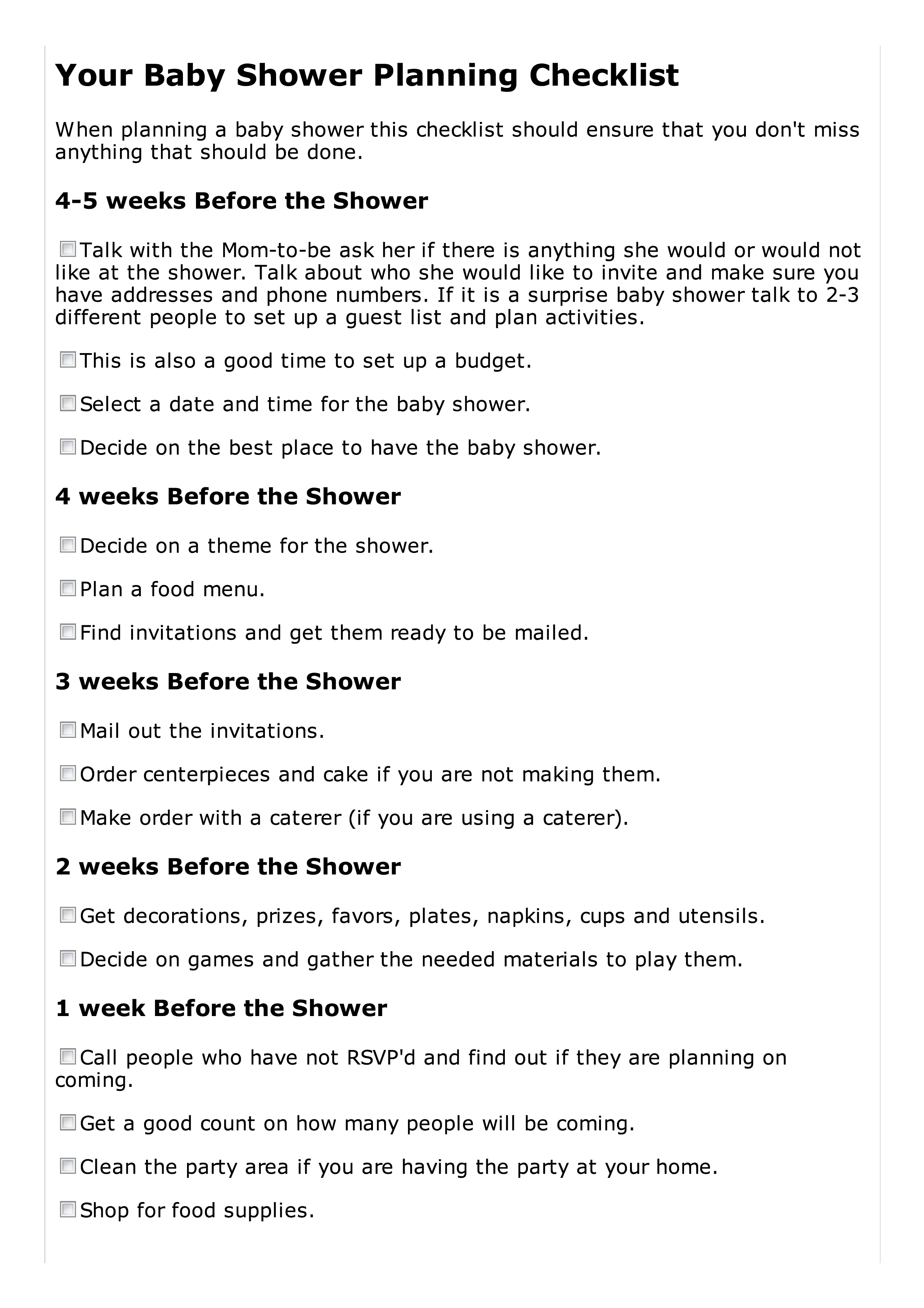 baby shower planning checklist template