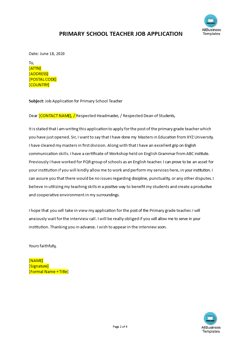 Job Application Letter Primary School Teacher | Templates ...