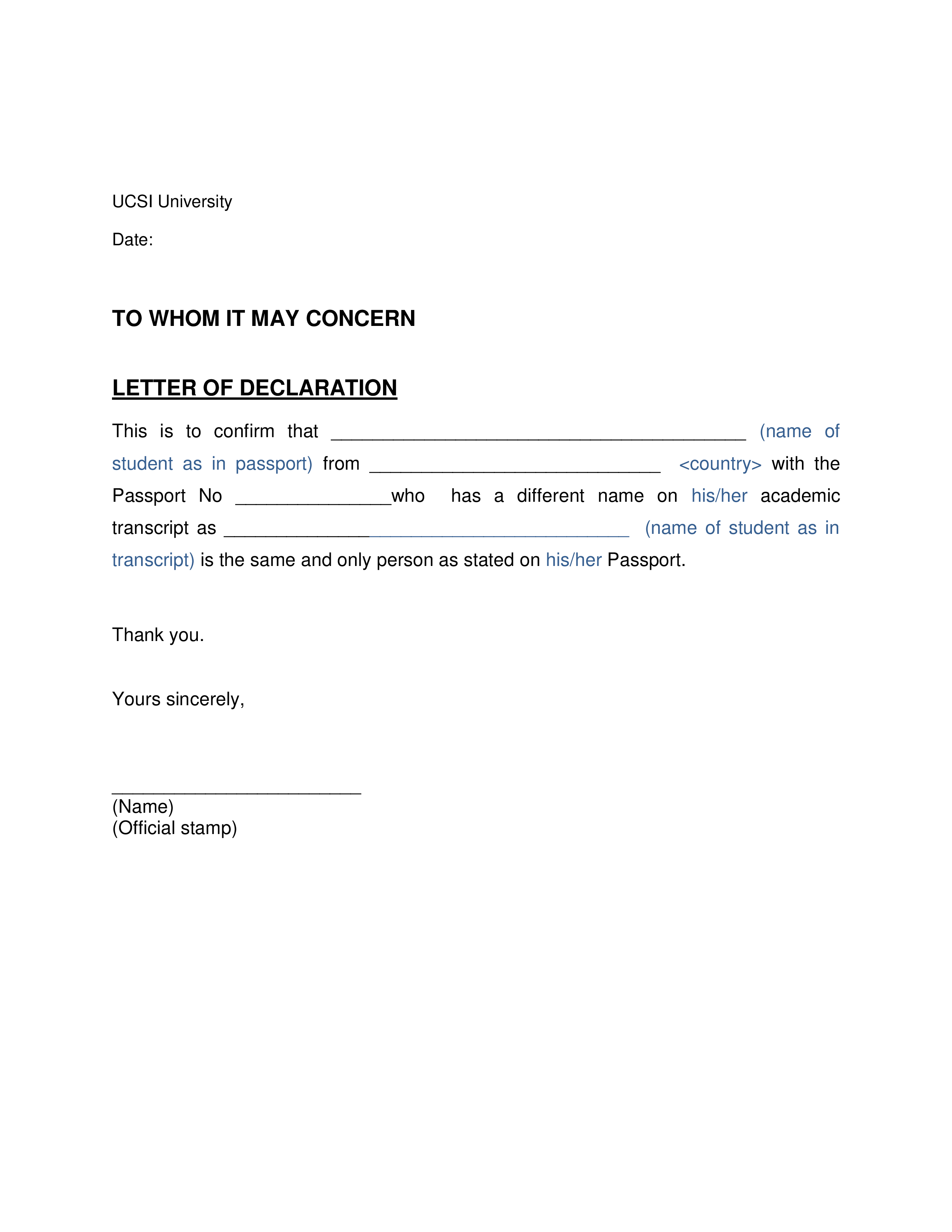 formal declaration letter template