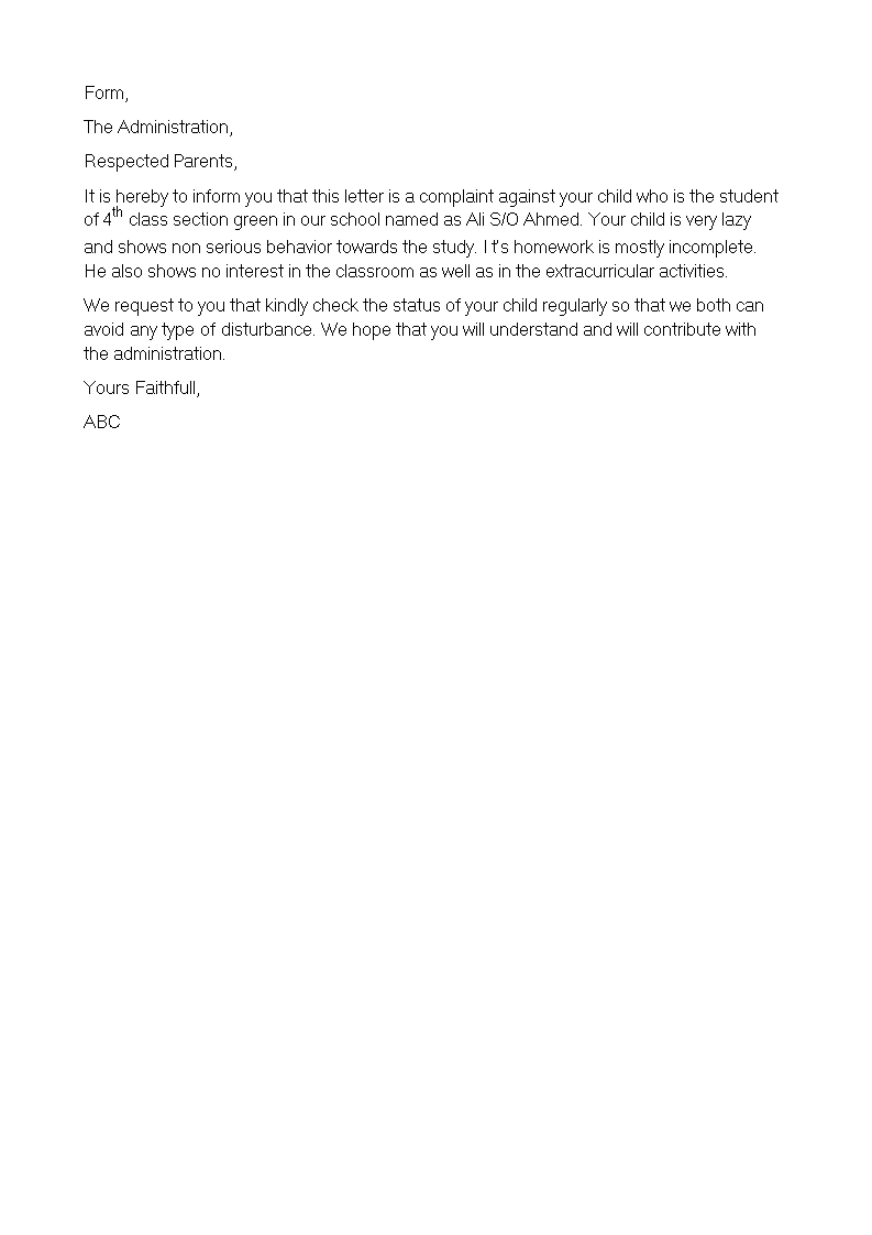 Kostenloses Complaint Letter To Parents From School kostenloses-complaint-letter-to-parents-from-school