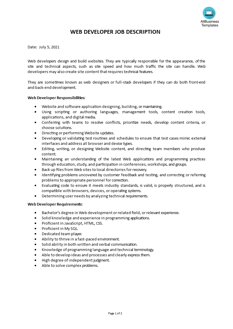 web developer job description voorbeeld afbeelding 