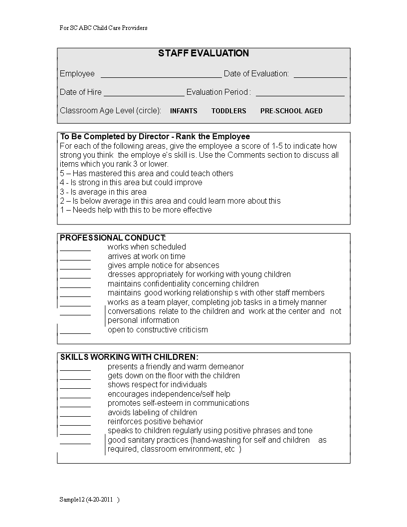 child care employee evaluation form voorbeeld afbeelding 