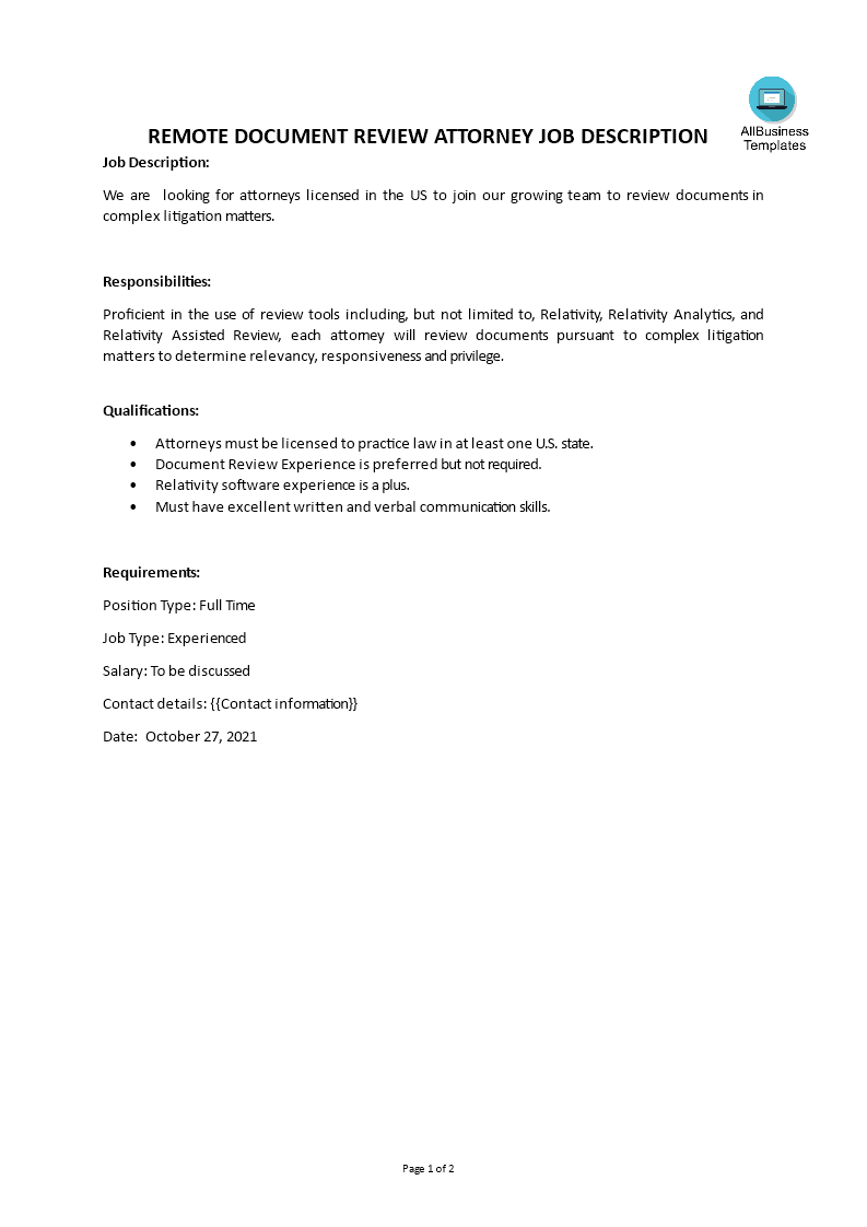 remote document review attorney job description template