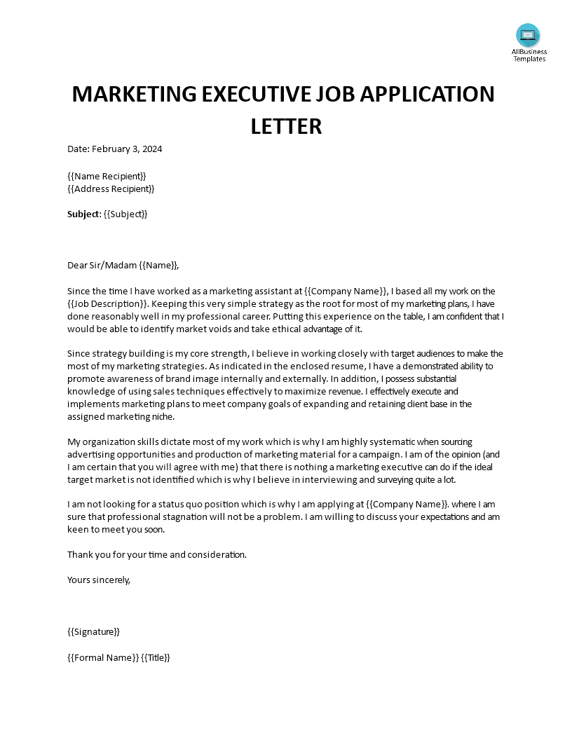 marketing executive job application letter voorbeeld afbeelding 