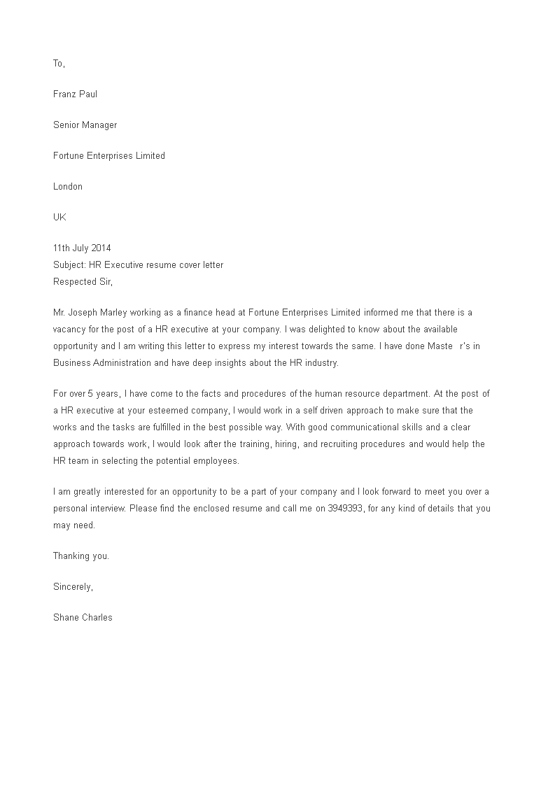 job application letter for hr executive template