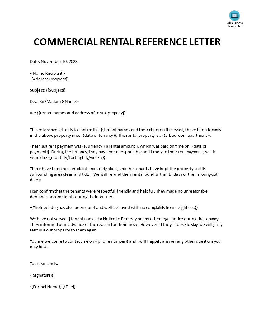 Commercial Rental Reference Letter  Templates at Throughout Business Reference Template Word