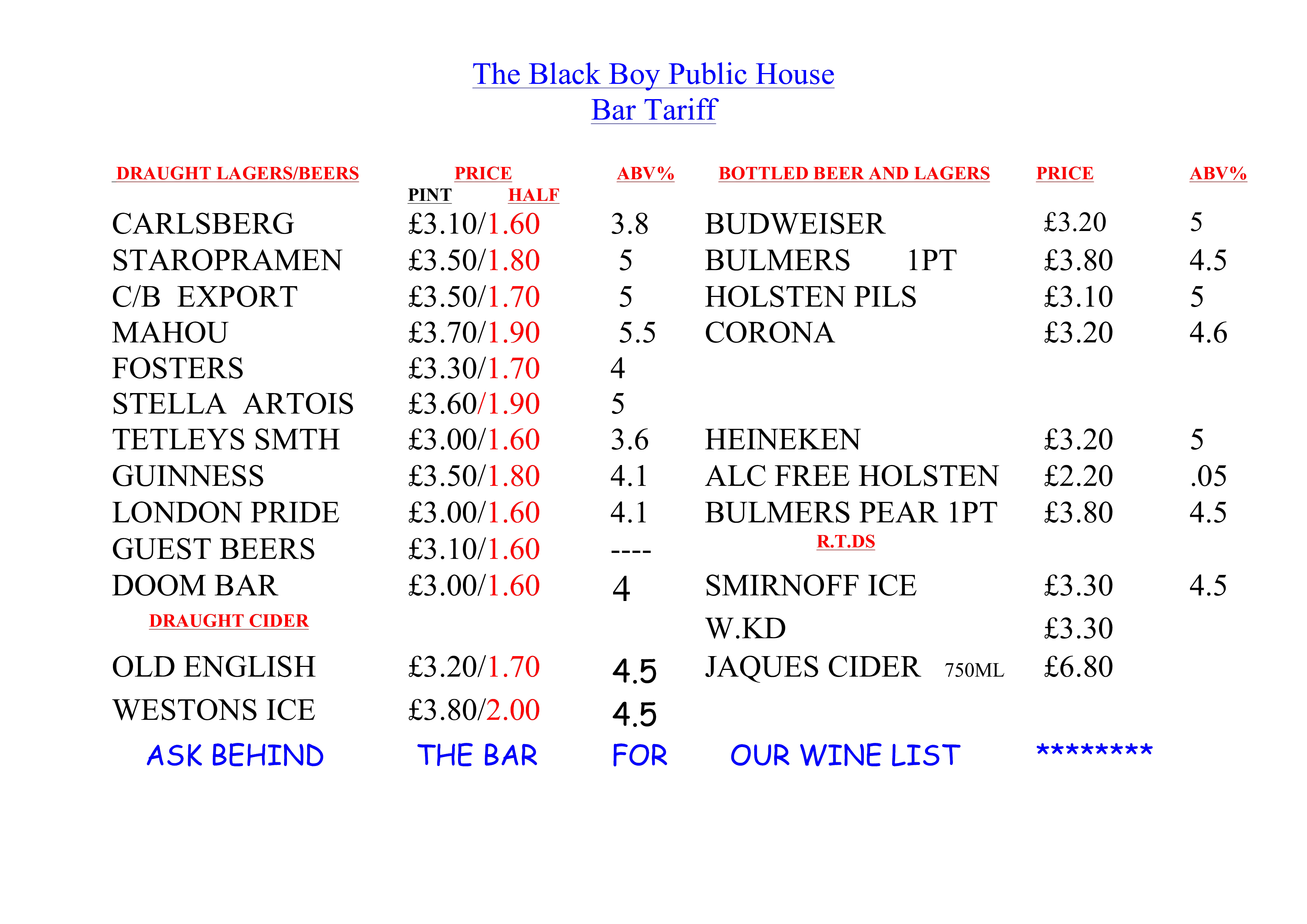 bar price list modèles