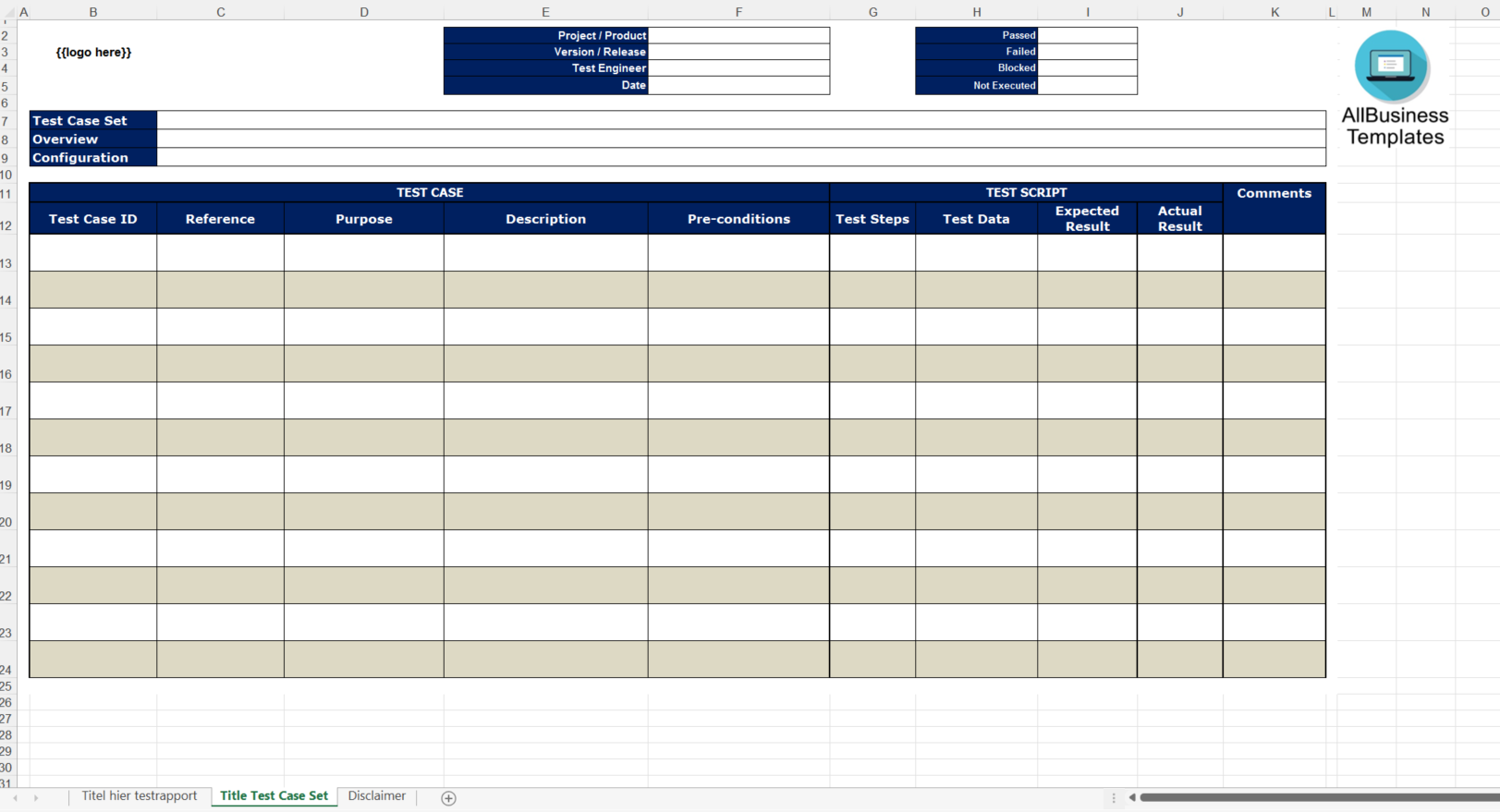 Test Case Excel Spreadsheet 模板