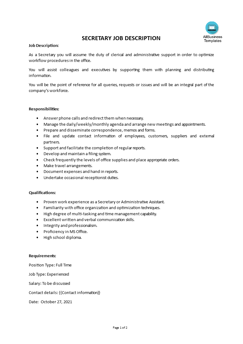 secretary job description template