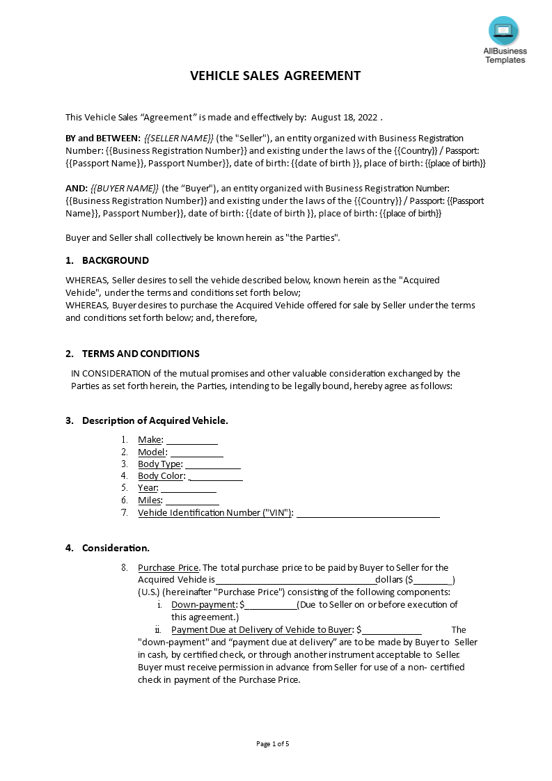 vehicle sales agreement sample voorbeeld afbeelding 