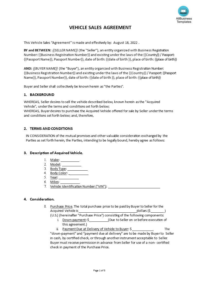 vehicle sales agreement sample modèles