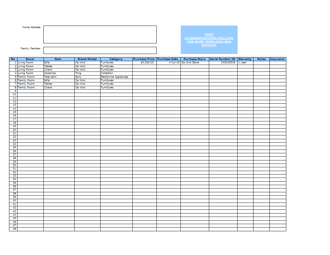 home inventory excel template modèles