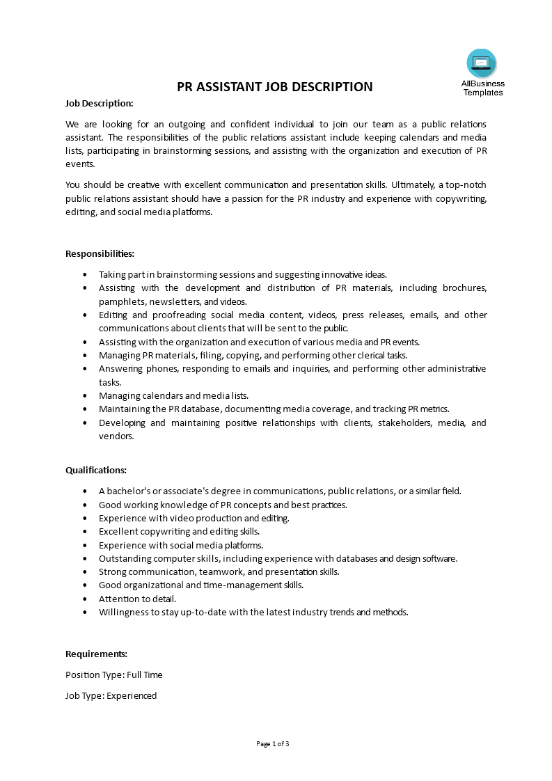 Pr Assistant Job Description main image