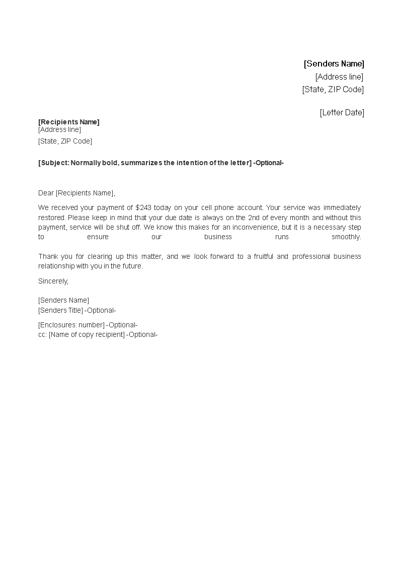 payment received acknowledgement letter Hauptschablonenbild