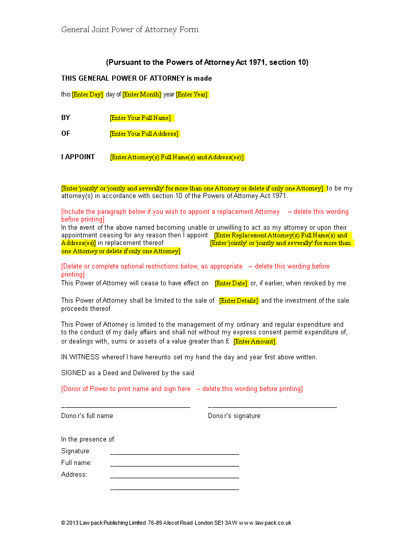 General Joint Power Of Attorney Form | Templates at ...