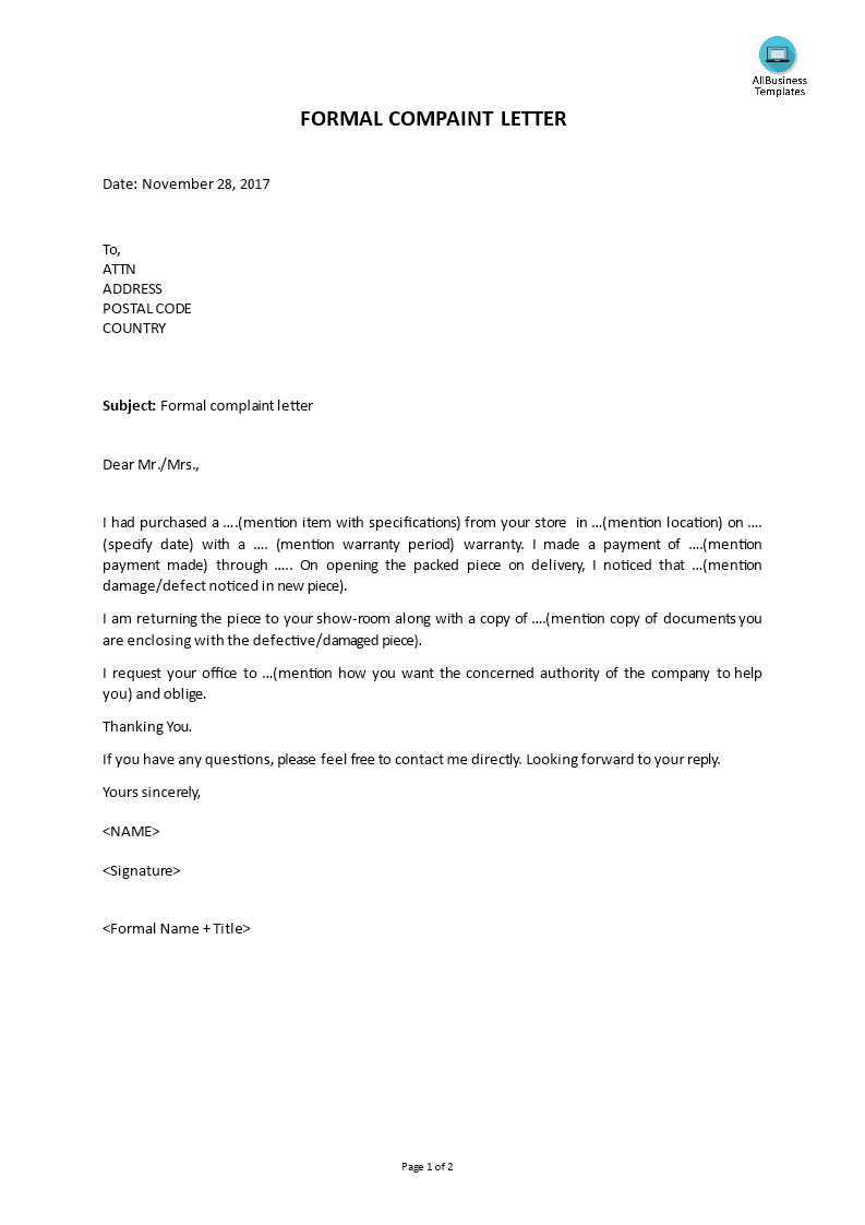 professional formal complaint letter sample template