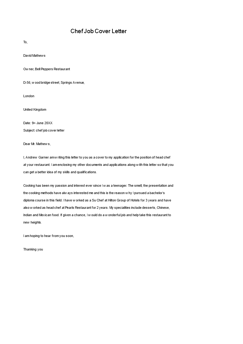 application letter for employment chef