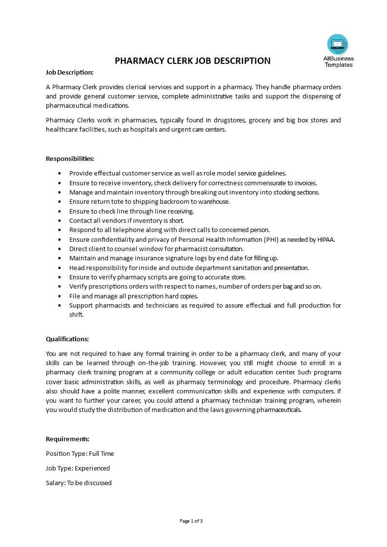 pharmacy clerk job description plantilla imagen principal