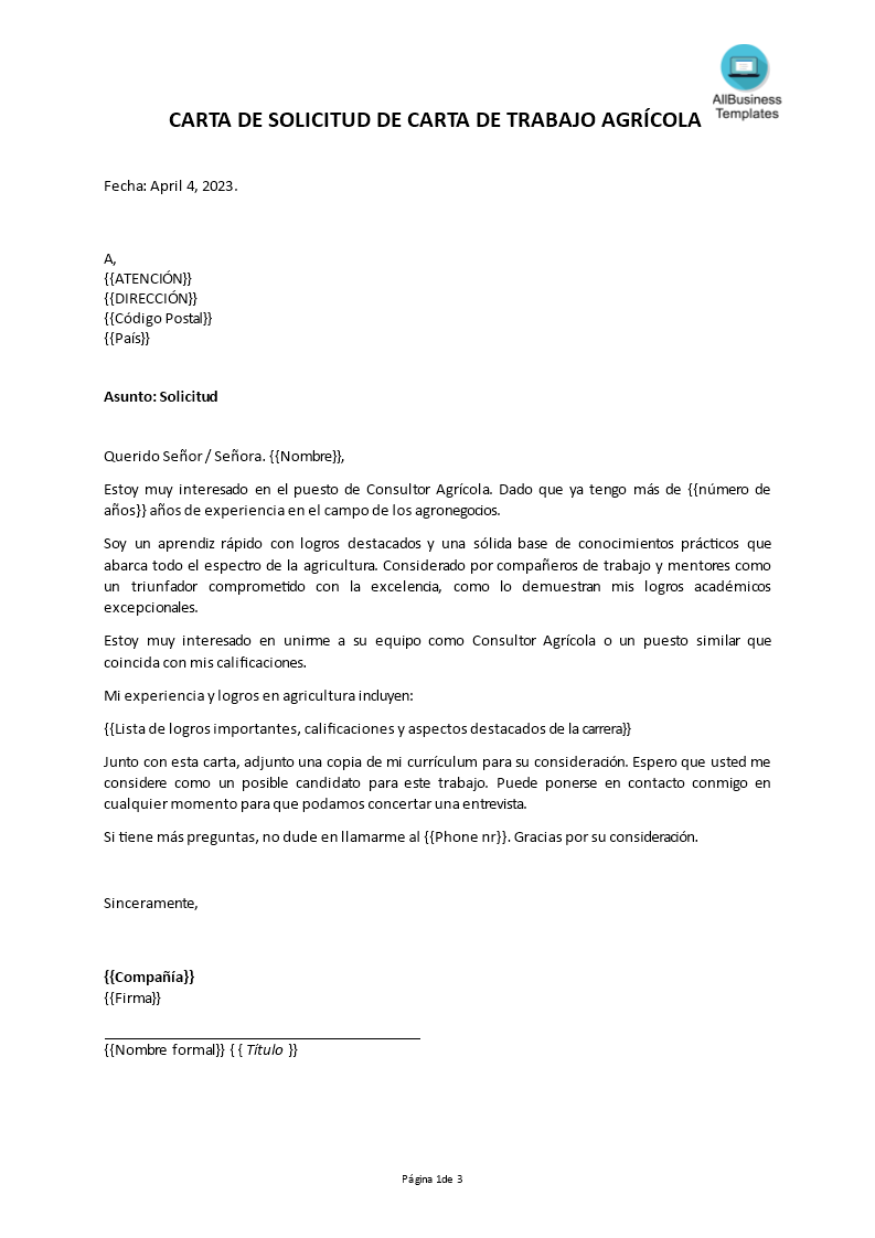 carta de solicitud de carta de trabajo agrícola Hauptschablonenbild