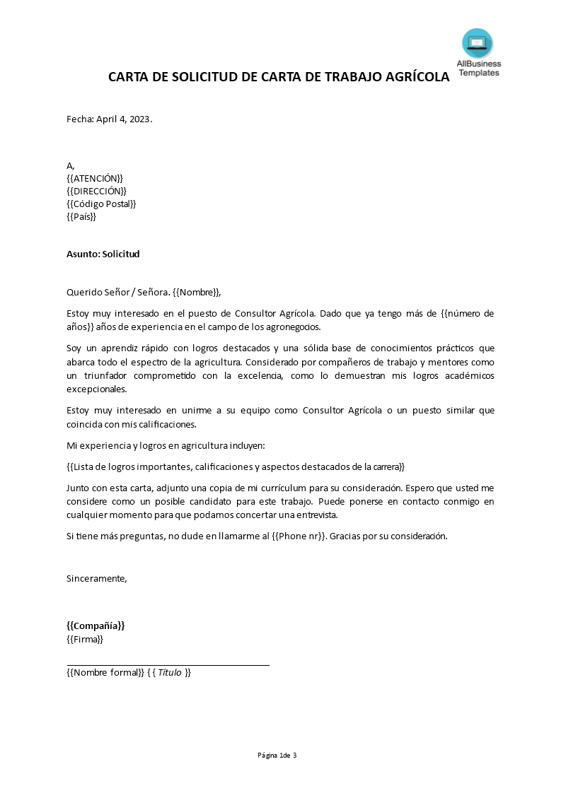 Carta de solicitud de carta de trabajo agrícola main image