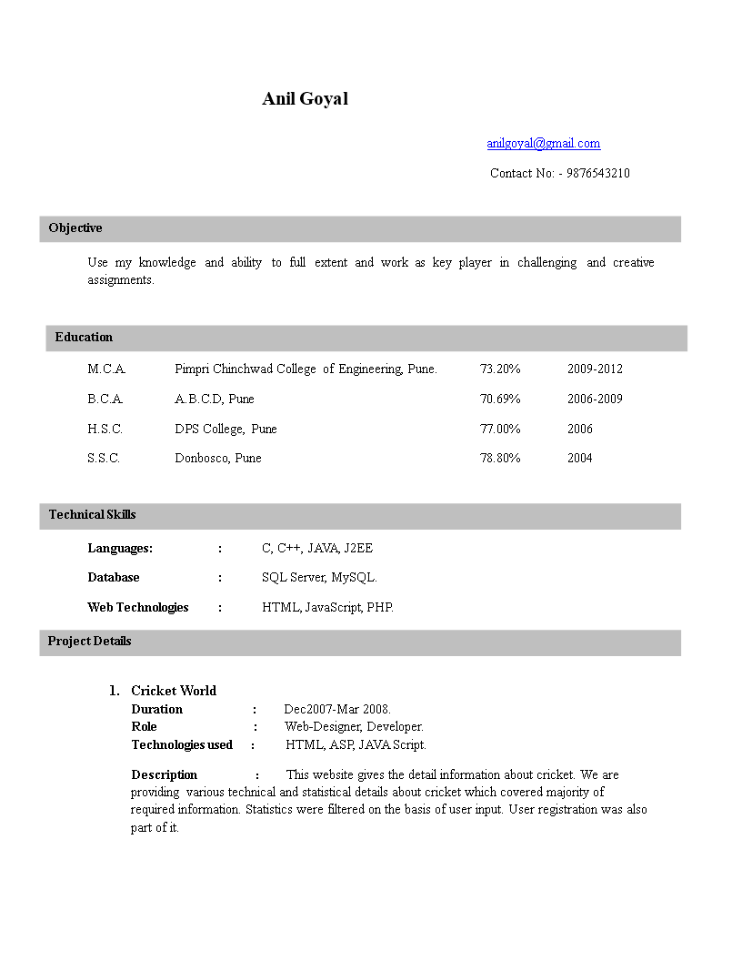resume format for freshers mca student