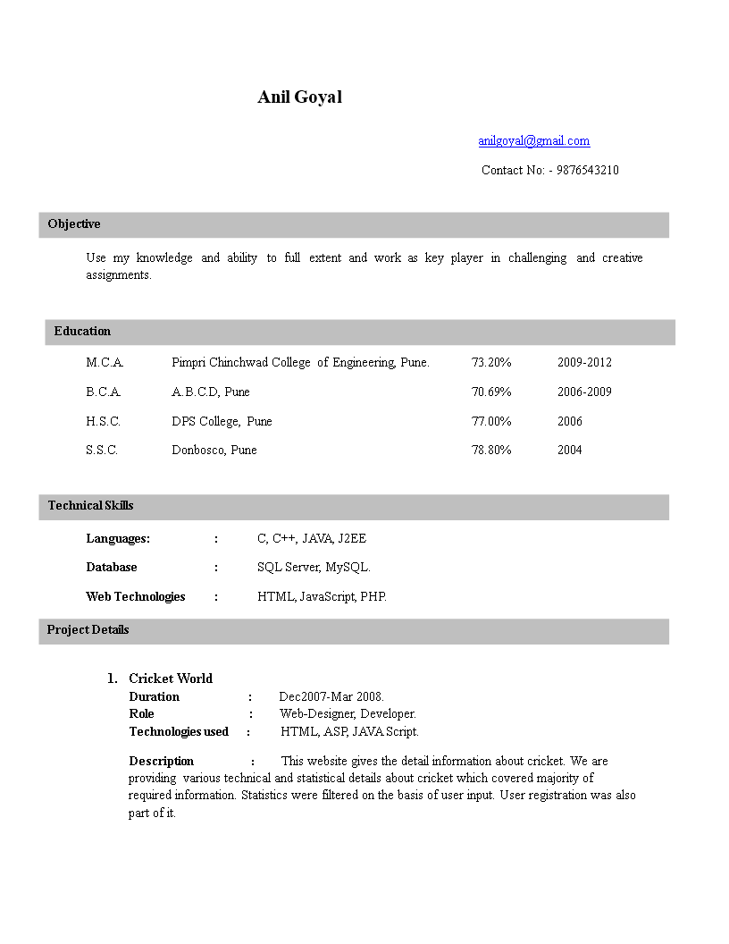 mca fresher lecturer resume template