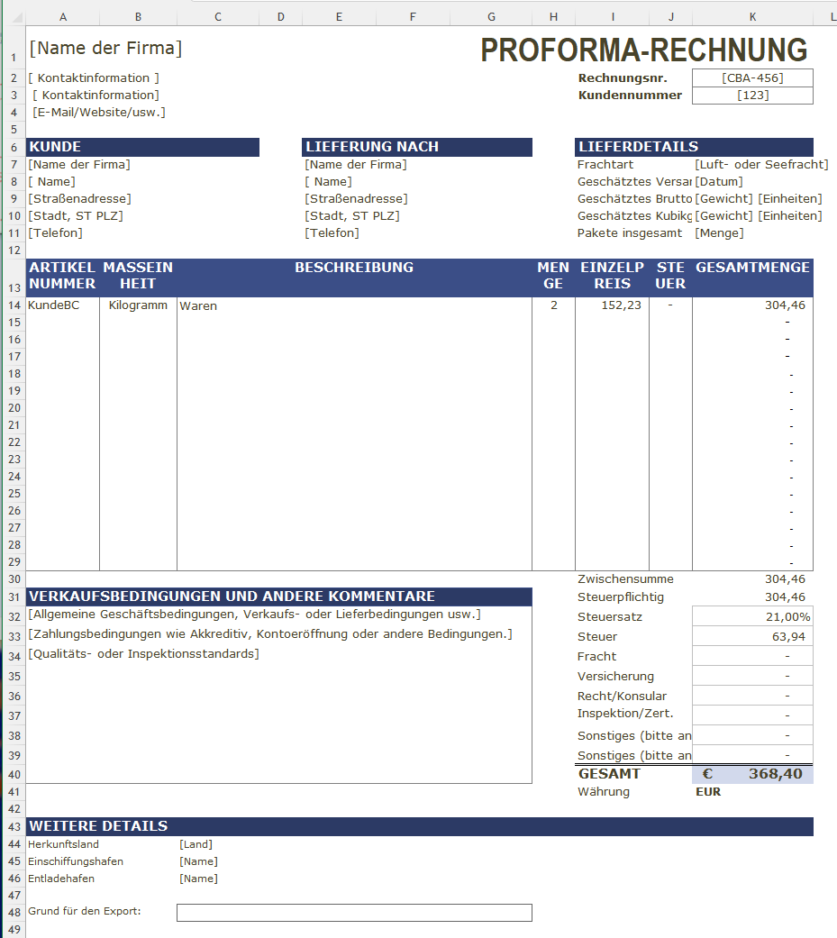 Vorlage Proforma Rechnung 模板