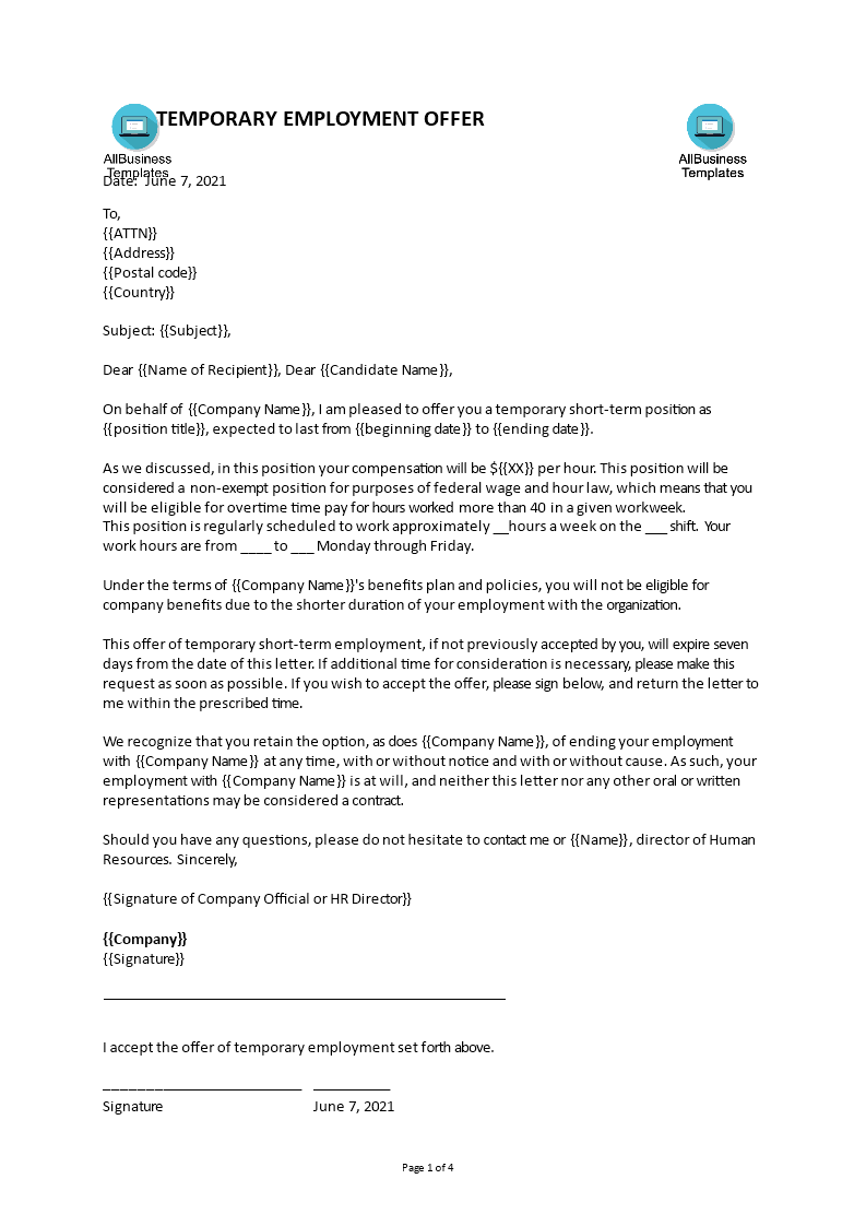 temporary employment offer letter posted position Hauptschablonenbild