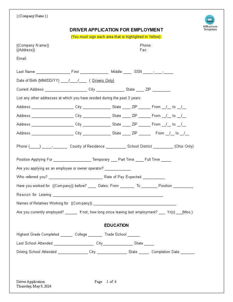 truck driver employment application word template